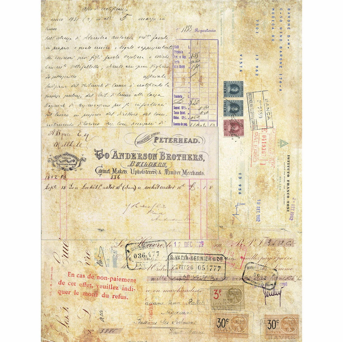 Script Background Rice Paper, 20.32 x 26.67 cm - 6 x Different Printed Mulberry Paper Images 30gsm Visible Fibres for Decoupage Crafts Mixed Media Collage Art