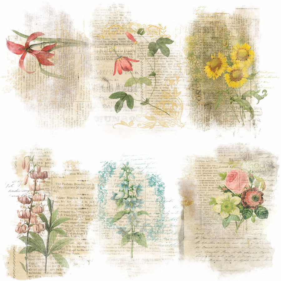 Flower Overlay Rice Paper, 20.32 x 26.67 cm - 6 x Different Printed Mulberry Paper Images 30gsm Visible Fibres for Decoupage Crafts Mixed Media Collage Art