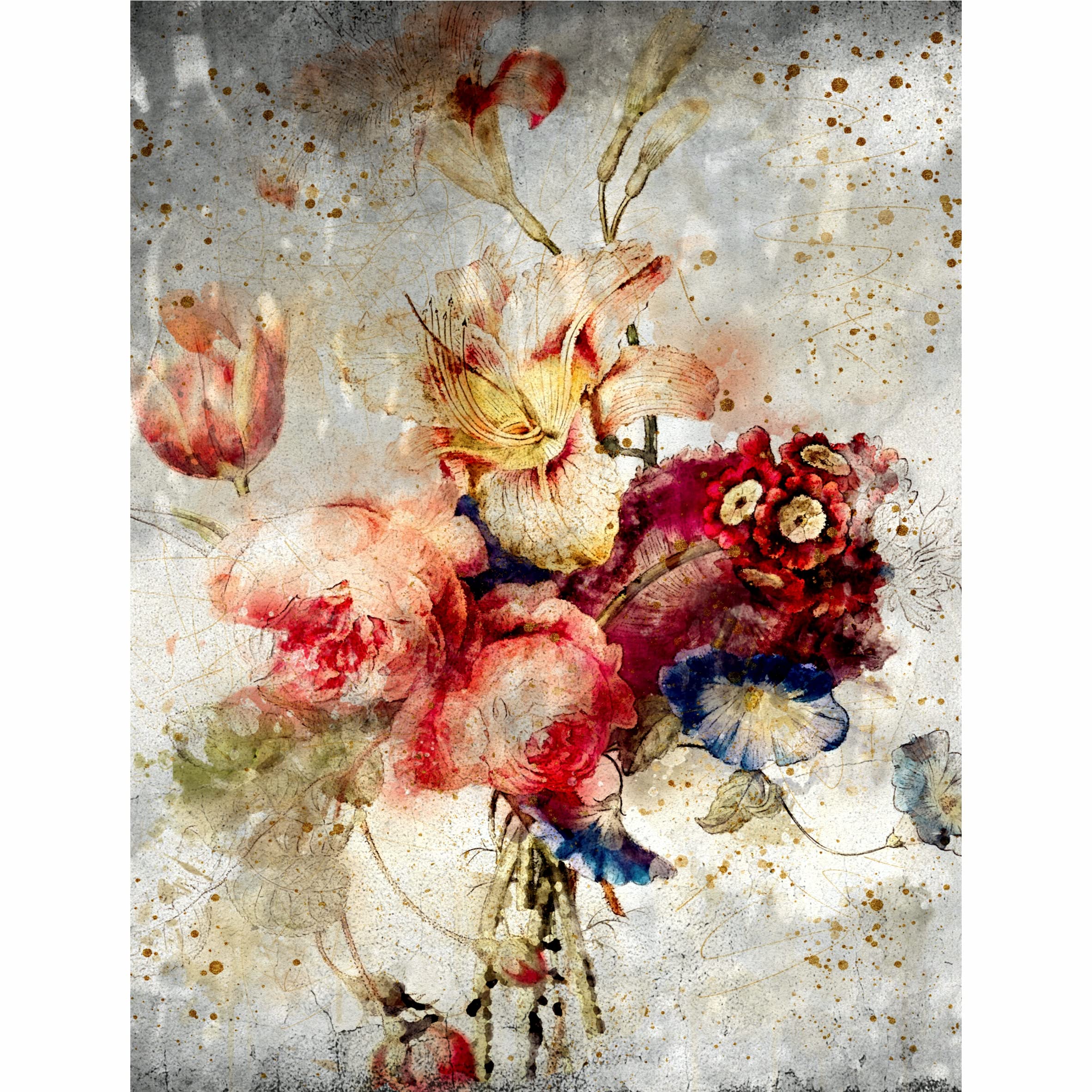 Distressed Bouquet Rice Paper, 20.32 x 26.67 cm - 6 x Different Printed Mulberry Paper Images 30gsm Visible Fibres for Decoupage Crafts Mixed Media Collage Art