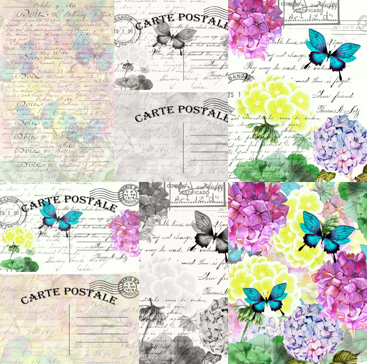 Aqua Butterfly Mulberry Rice Paper, 20.5 x 26.5cm - 6 x Different Printed Mulberry Paper Images 30gsm Visible Fibres for Decoupage Crafts Mixed Media Collage Art