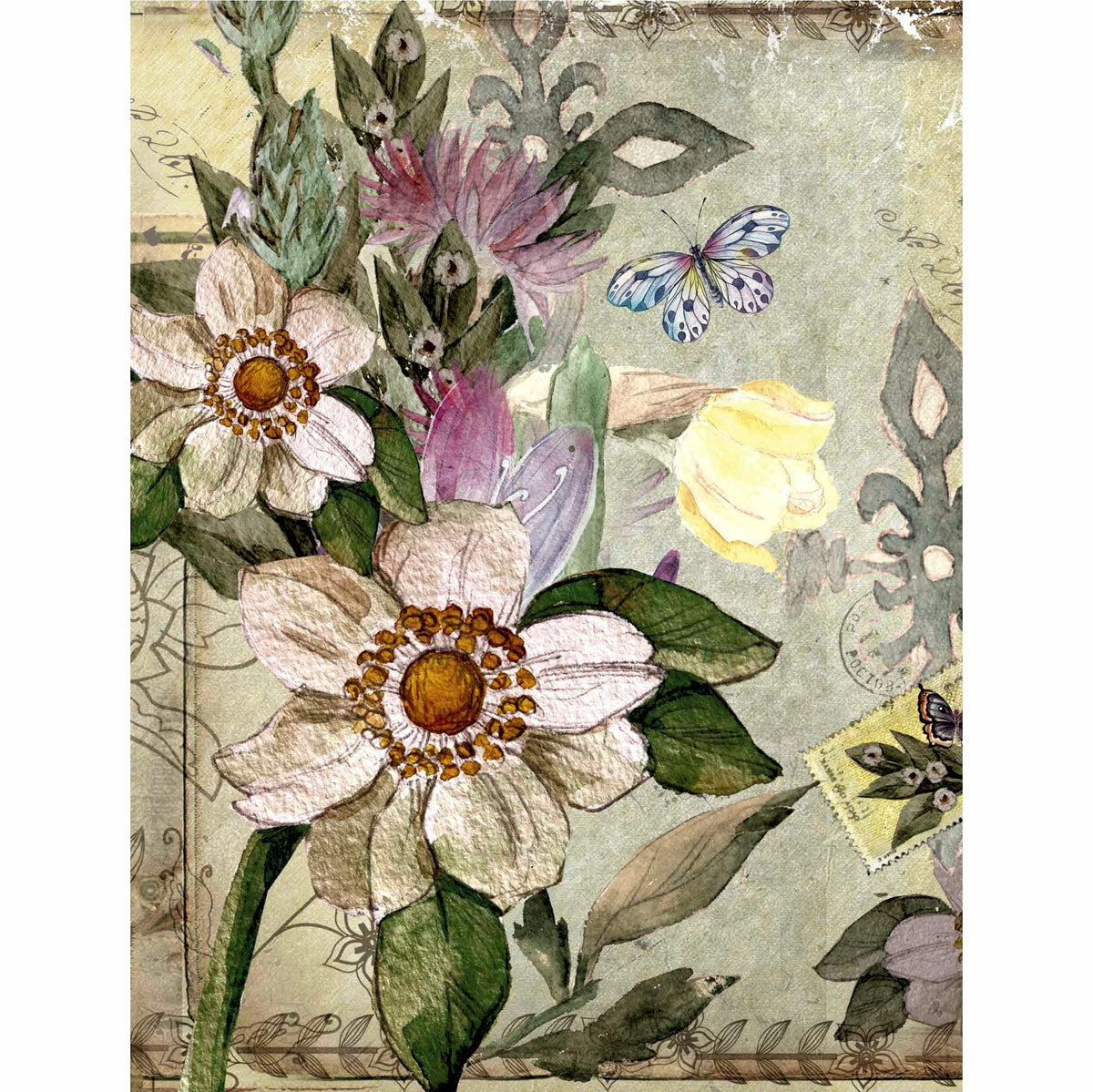 Floral Postcard Rice Paper, 20.32 x 26.67 cm - 6 x Different Printed Mulberry Paper Images 30gsm Visible Fibres for Decoupage Crafts Mixed Media Collage Art