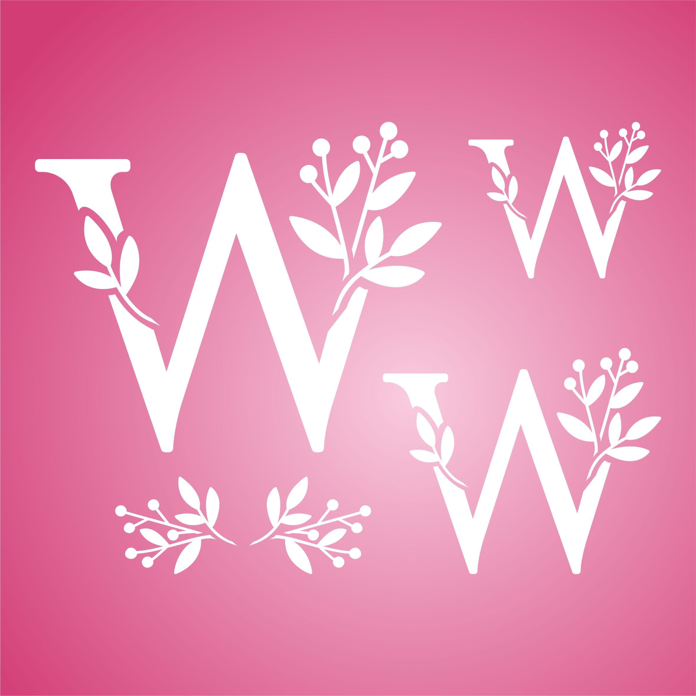 Flower Monogram W Stencil - Leaf Flower Initial 4.5 / 3 / 2 inch on One Sheet