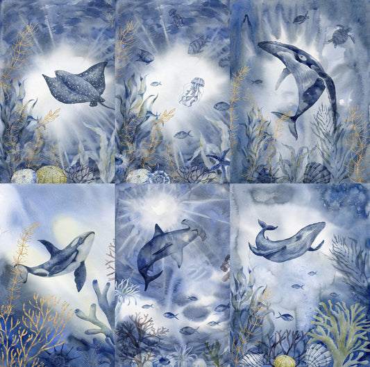 Ocean Deep Rice Paper, 20.32 x 26.67 cm - 6 x Different Printed Mulberry Paper Images 30gsm Visible Fibres for Decoupage Crafts Mixed Media Collage Art