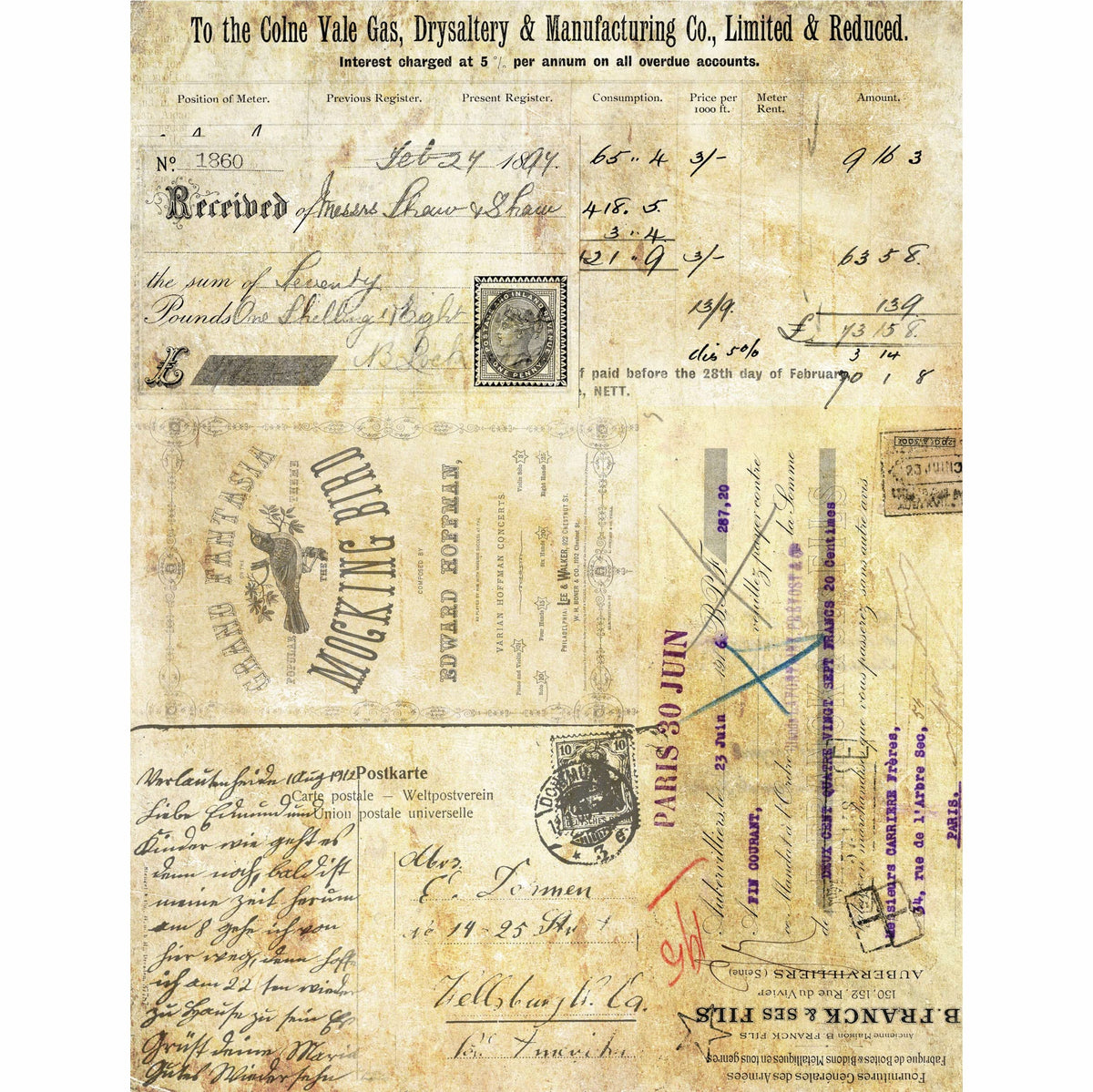 Script Background Rice Paper, 20.32 x 26.67 cm - 6 x Different Printed Mulberry Paper Images 30gsm Visible Fibres for Decoupage Crafts Mixed Media Collage Art
