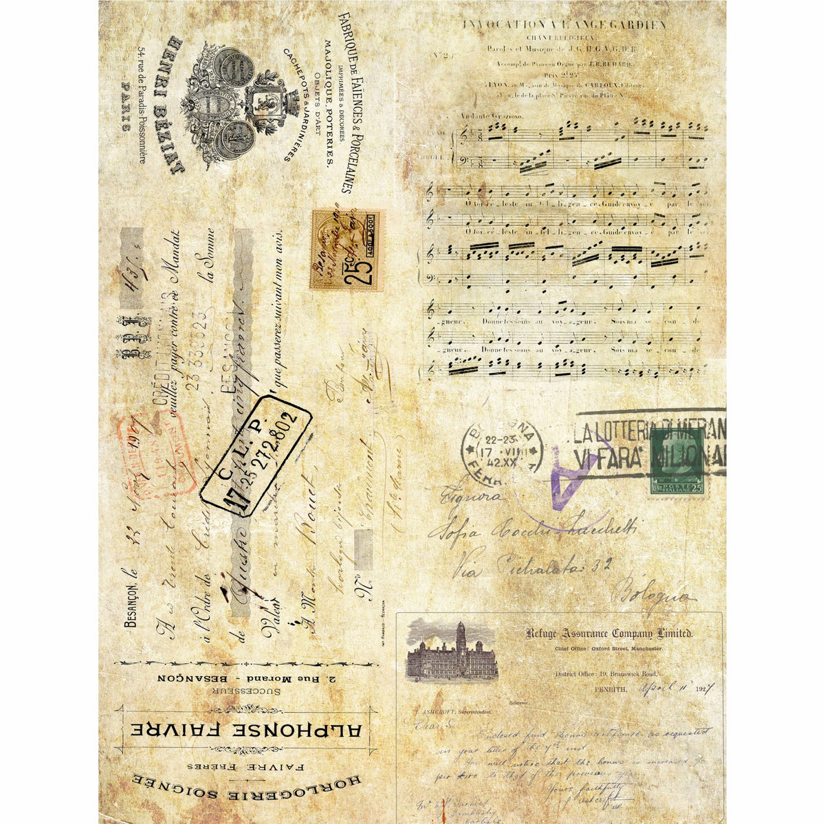 Script Background Rice Paper, 20.32 x 26.67 cm - 6 x Different Printed Mulberry Paper Images 30gsm Visible Fibres for Decoupage Crafts Mixed Media Collage Art