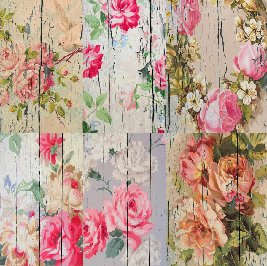 Floral Wood Theme Mulberry Rice Paper, 20.32 x 26.67 cm - 6 Unique Printed Mulberry Paper Images 30gsm Visible Fibres for Decoupage Crafts Mixed Media Collage Art