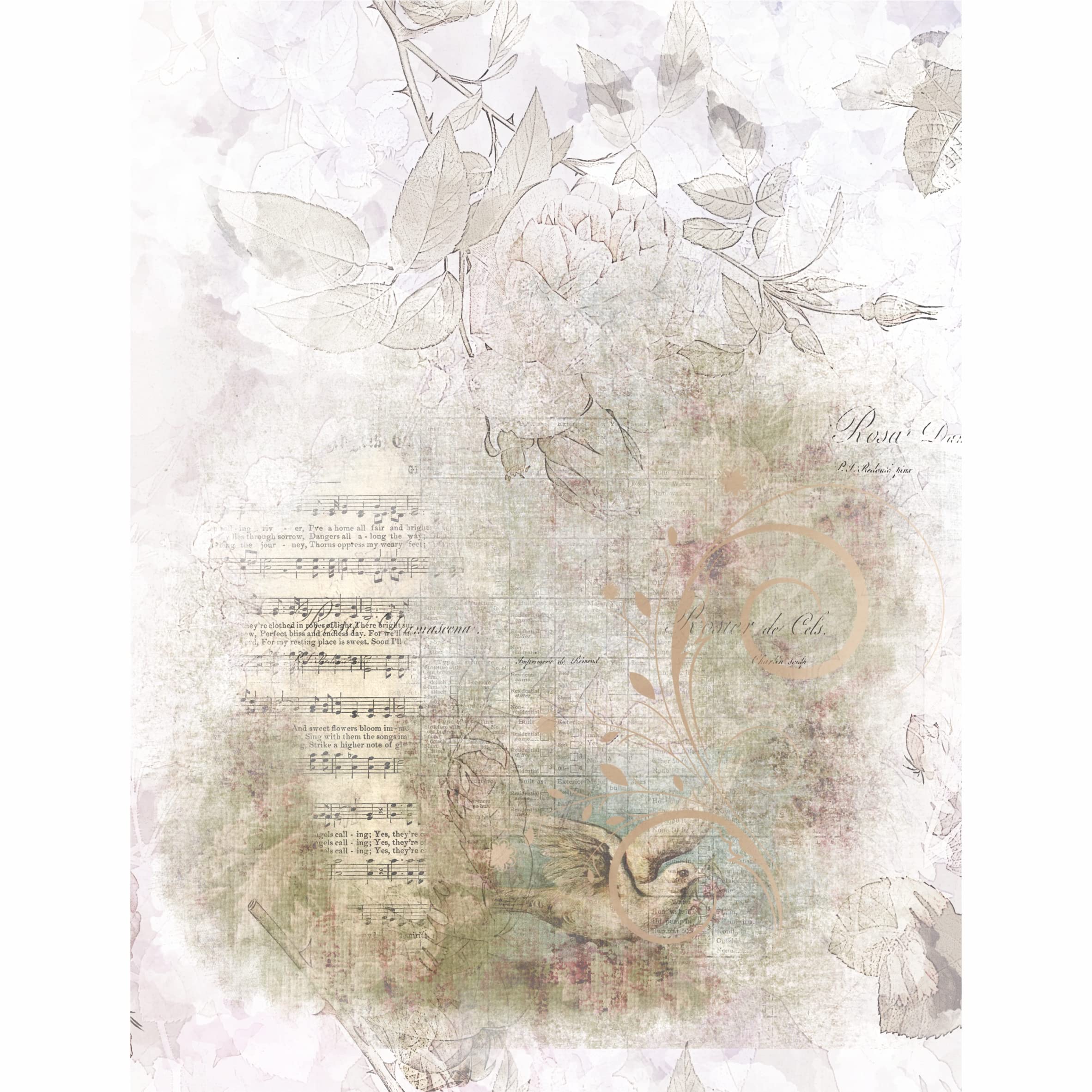 Distressed Floral Overlay Rice Paper, 20.32 x 26.67 cm - 6 x Different Printed Mulberry Paper Images 30gsm Visible Fibres for Decoupage Crafts Mixed Media Collage Art