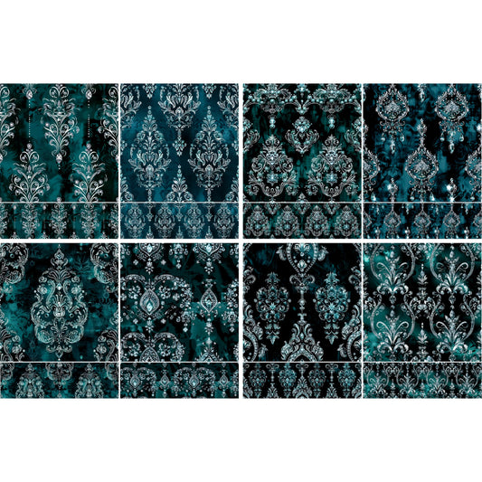 Teal Damask Decoupage Rice Papers, 8 x 11.5 inch (A4) - 4 Sheets | 16 Pieces | 8 Unique Designs | Versatile Christmas Designs for Art Projects & Crafting by CRAFT KREATIVELY