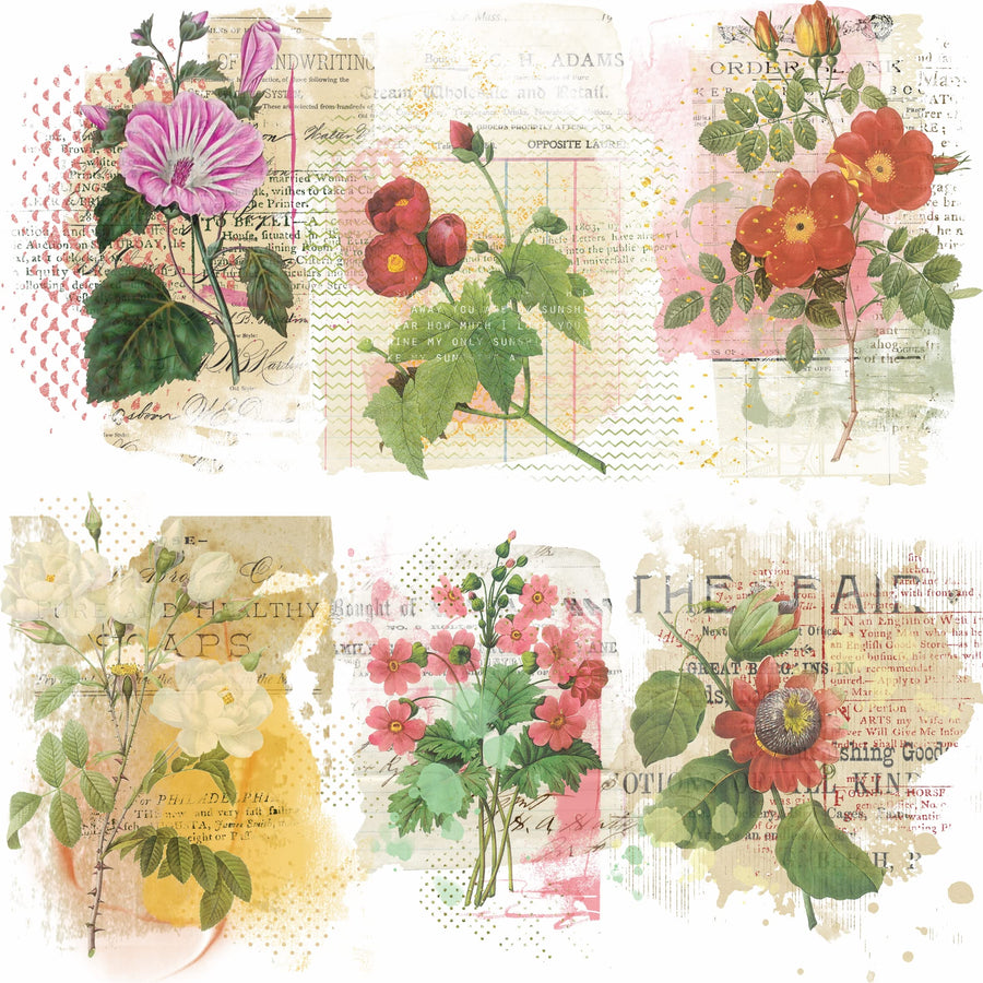 Floral Overlay Rice Paper, 20.32 x 26.67 cm - 6 x Different Printed Mulberry Paper Images 30gsm Visible Fibres for Decoupage Crafts Mixed Media Collage Art