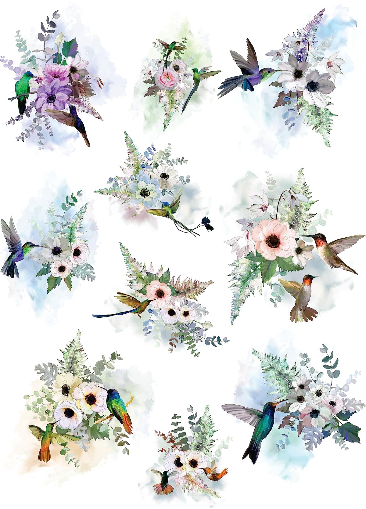 Hummingbird Rice Paper, 29.21 x 40.64 cm - 10 Unique Bouquet Images Printed on 36gsm Mulberry Paper Visible Fibres for Decoupage Furniture Renovation Crafts.