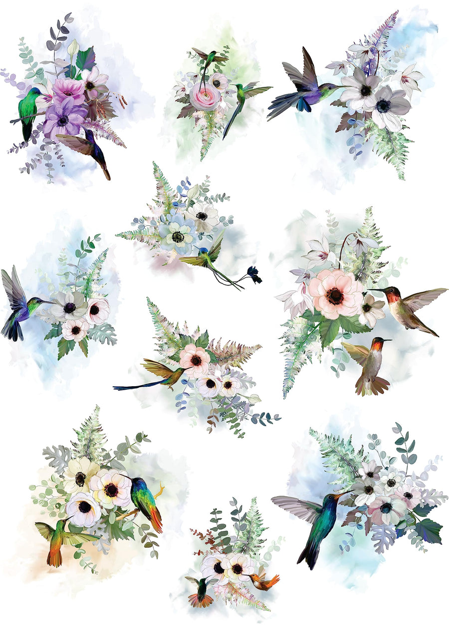 Hummingbird Rice Paper, 29.21 x 40.64 cm - 10 Unique Bouquet Images Printed on 36gsm Mulberry Paper Visible Fibres for Decoupage Furniture Renovation Crafts.