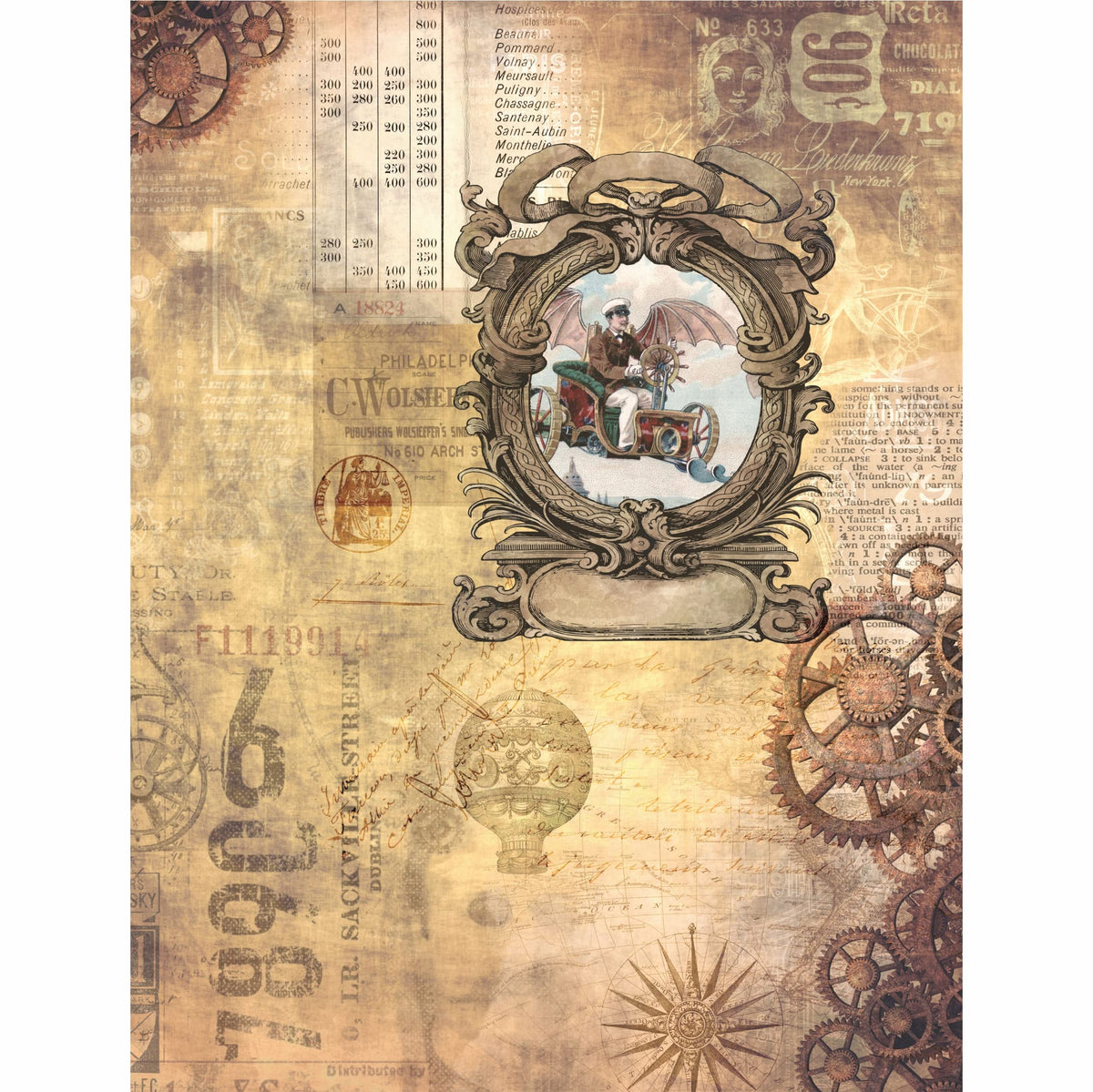 Steampunk Mix Rice Paper, 20.32 x 26.67 cm - 6 x Different Printed Mulberry Paper Images 30gsm Visible Fibres for Decoupage Crafts Mixed Media Collage Art