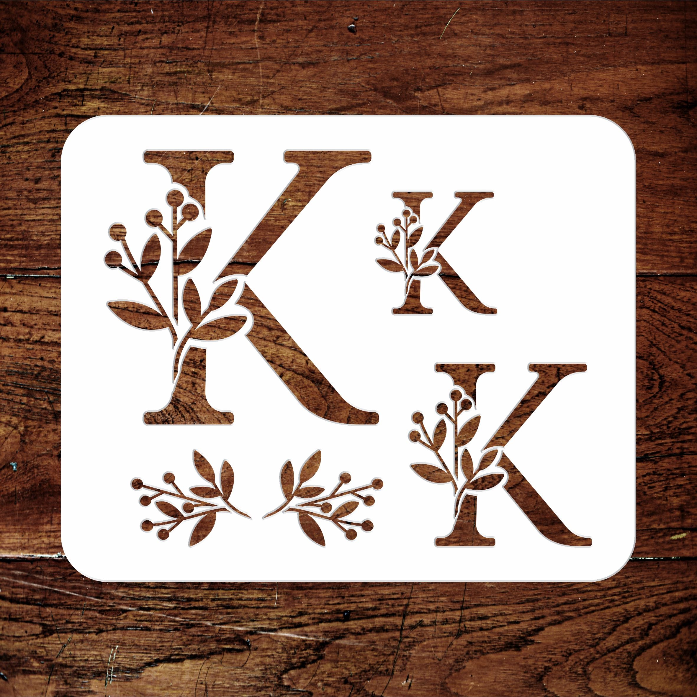 Flower Monogram K Stencil - Leaf Flower Initial 4.5 / 3 / 2 inch on One Sheet