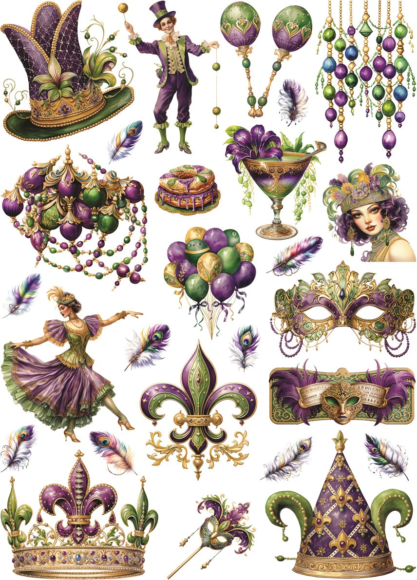 Mardi Gras Carnival Rice Paper, 11.5 x 16 inch - for Decoupage Furniture Crafts