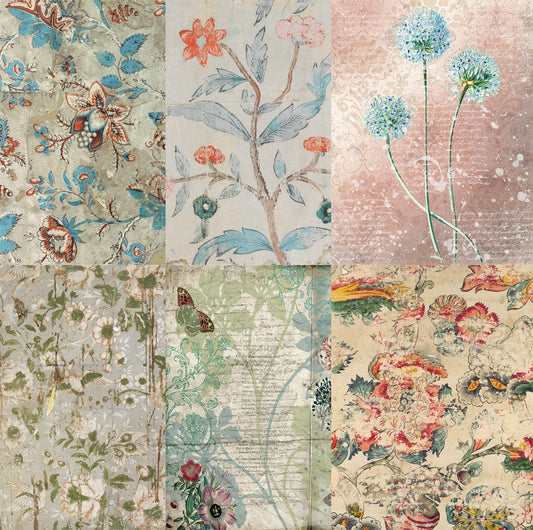 Distressed Wallpaper Rice Paper, 20.32 x 26.67 cm - 6 x Different Printed Mulberry Paper Images 30gsm Visible Fibres for Decoupage Crafts Mixed Media Collage Art