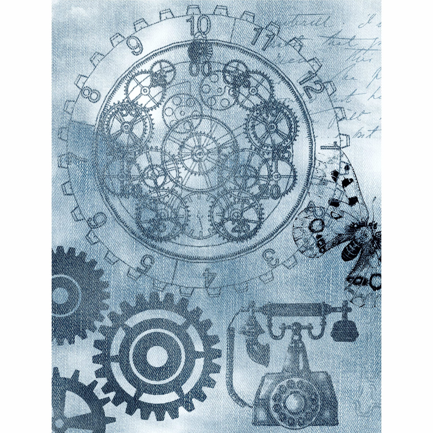 Denim Steampunk Mulberry Rice Paper, 20.5 x 26.5cm - 6 x Different Printed Mulberry Paper Images 30gsm Visible Fibres for Decoupage Crafts Mixed Media Collage Art