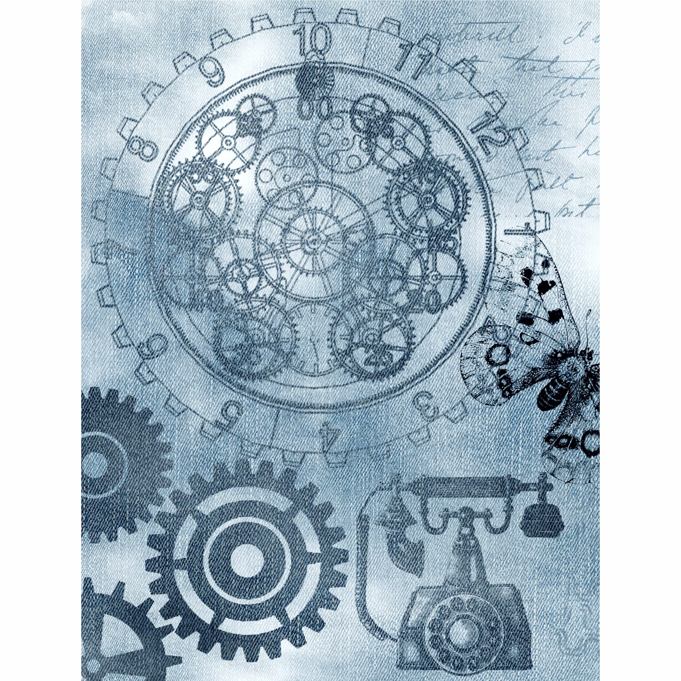 Denim Steampunk Mulberry Rice Paper, 20.5 x 26.5cm - 6 x Different Printed Mulberry Paper Images 30gsm Visible Fibres for Decoupage Crafts Mixed Media Collage Art
