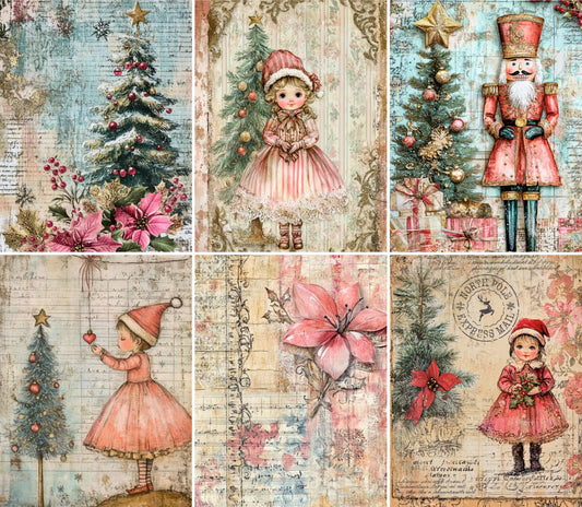 Vintage Pink Christmas Decoupage Rice Papers, 21 x 26.5cm - 6 Sheets | 6 Unique Designs | Versatile Christmas Designs for Art Projects & Crafting by CRAFT KREATIVELY
