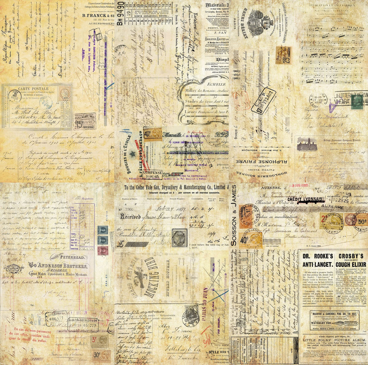 Script Background Rice Paper, 20.32 x 26.67 cm - 6 x Different Printed Mulberry Paper Images 30gsm Visible Fibres for Decoupage Crafts Mixed Media Collage Art