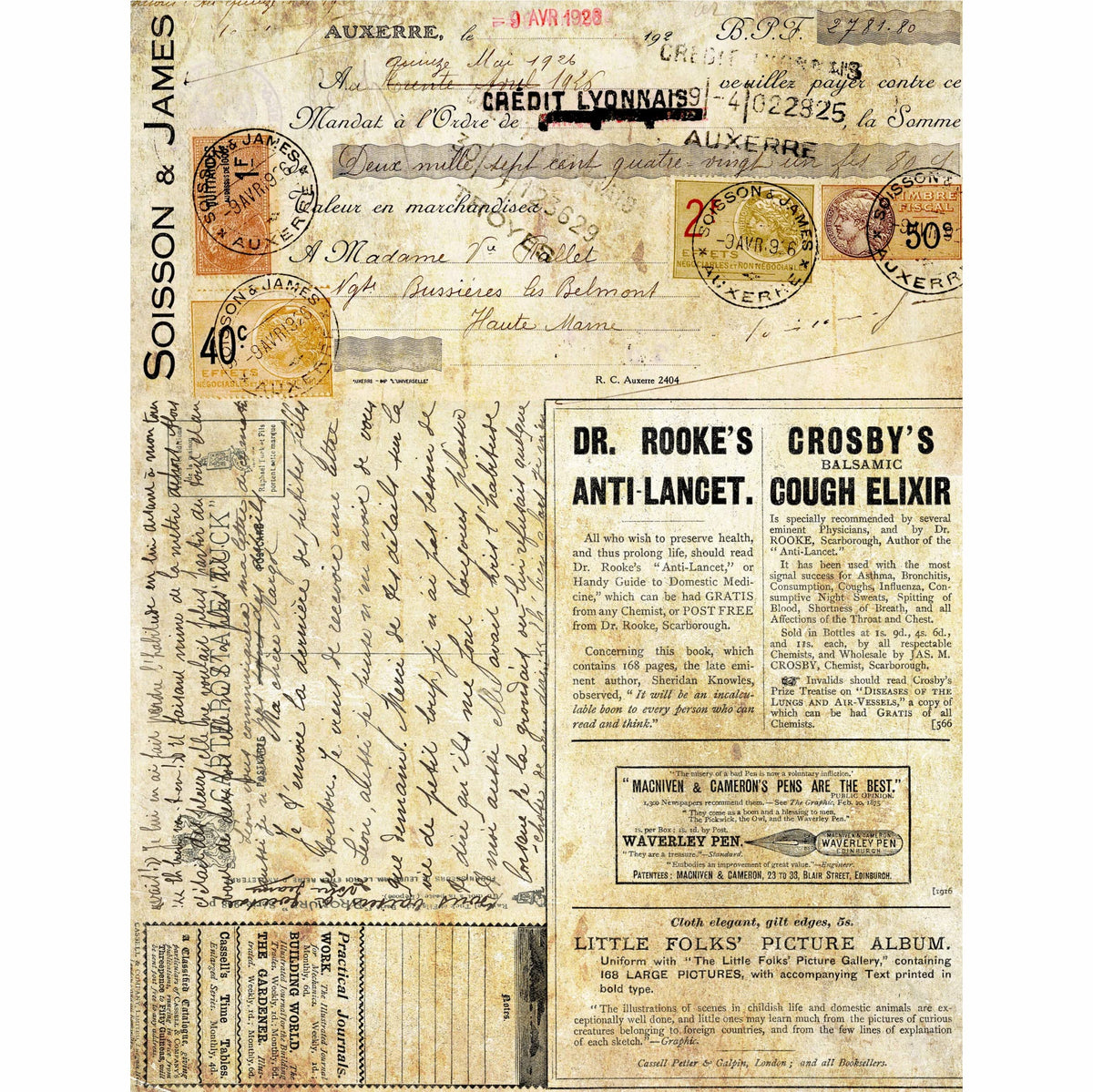 Script Background Rice Paper, 20.32 x 26.67 cm - 6 x Different Printed Mulberry Paper Images 30gsm Visible Fibres for Decoupage Crafts Mixed Media Collage Art