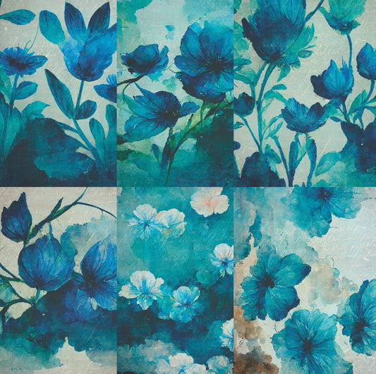 Blue Flower Rice Paper, 20.32 x 26.67 cm - 6 x Different Printed Mulberry Paper Images 30gsm Visible Fibres for Decoupage Crafts Mixed Media Collage Art