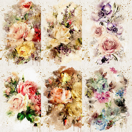 Bouquet Rice Paper, 20.32 x 26.67 cm - 6 x Different Printed Mulberry Paper Images 30gsm Visible Fibres for Decoupage Crafts Mixed Media Collage Art