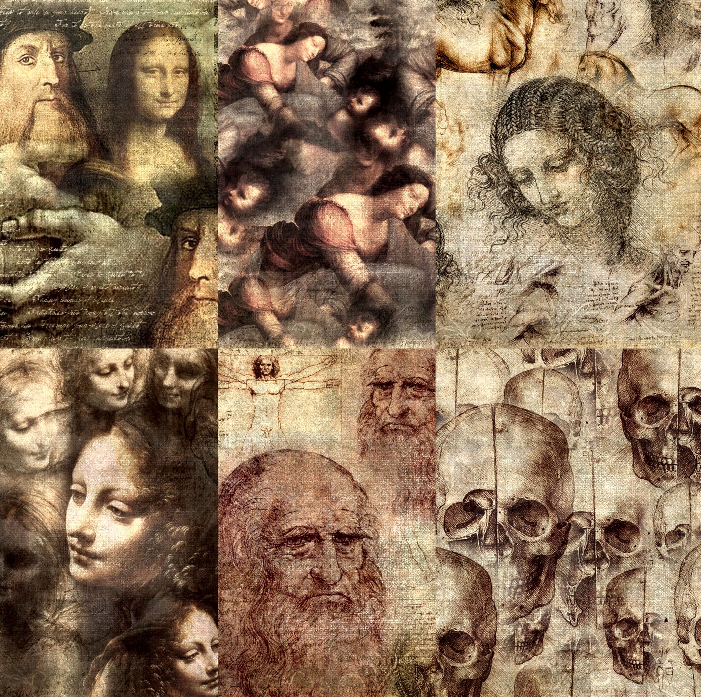 da Vinci Theme Mulberry Rice Paper, 20.32 x 26.67 cm - 6 Unique Printed Mulberry Paper Images 30gsm Visible Fibres for Decoupage Crafts Mixed Media Collage Art