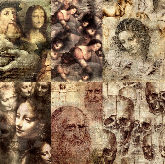 da Vinci Theme Mulberry Rice Paper, 20.32 x 26.67 cm - 6 Unique Printed Mulberry Paper Images 30gsm Visible Fibres for Decoupage Crafts Mixed Media Collage Art
