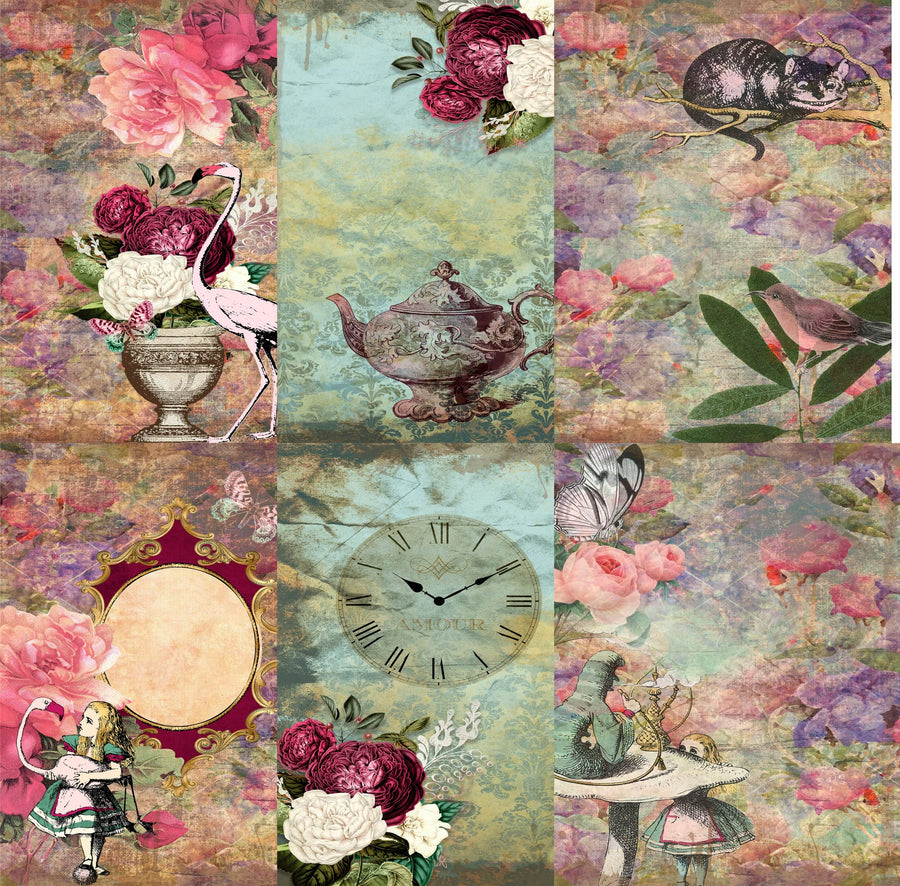 Alice Theme Mulberry Rice Paper, 20.5 x 26.5cm - 6 x Different Printed Mulberry Paper Images 30gsm Visible Fibres for Decoupage Crafts Mixed Media Collage Art