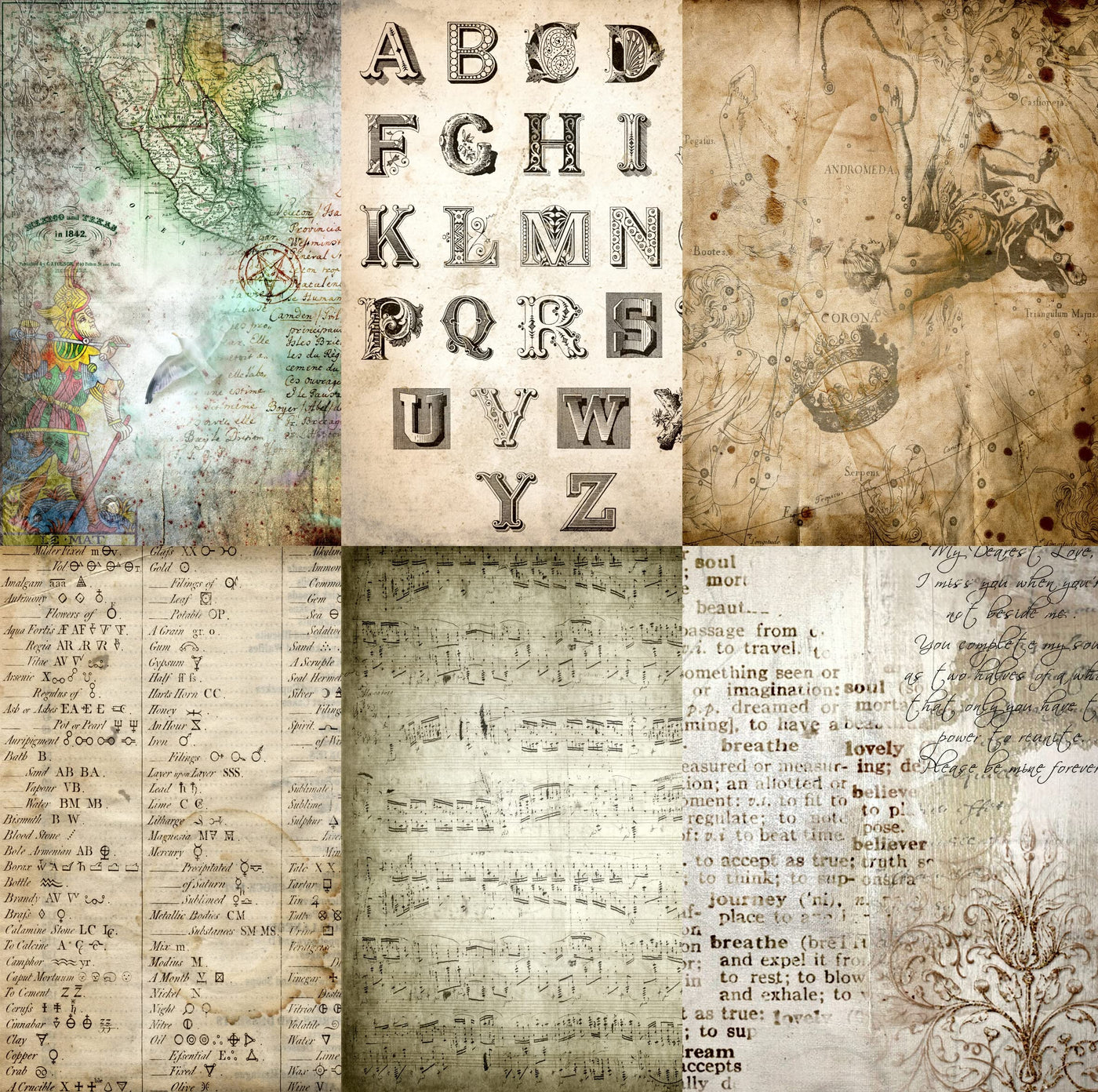Antique Background Mulberry Rice Paper, 20.5 x 26.5cm - 6 x Different Printed Mulberry Paper Images 30gsm Visible Fibres for Decoupage Crafts Mixed Media Collage Art