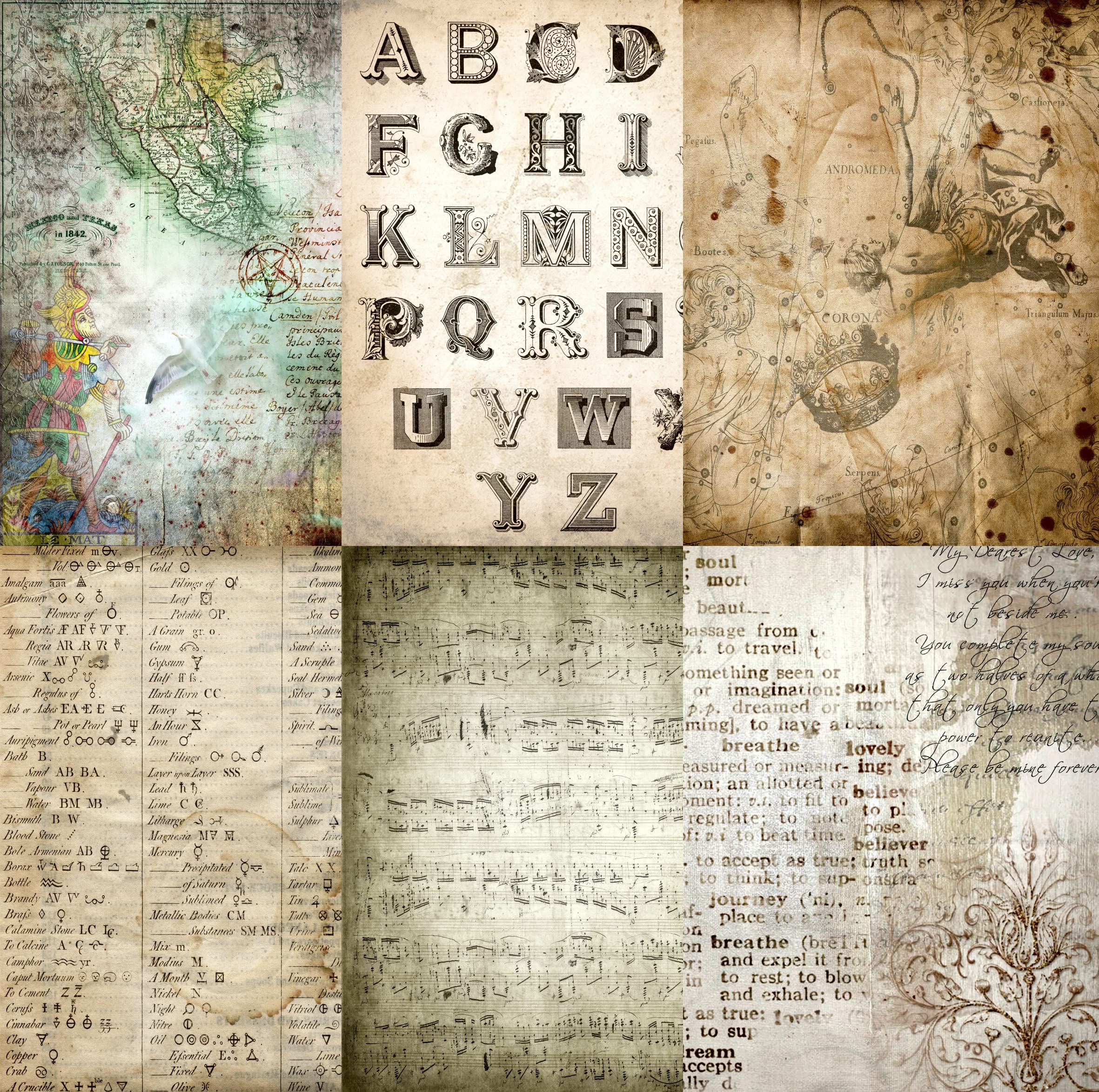 Antique Background Mulberry Rice Paper, 20.5 x 26.5cm - 6 x Different Printed Mulberry Paper Images 30gsm Visible Fibres for Decoupage Crafts Mixed Media Collage Art