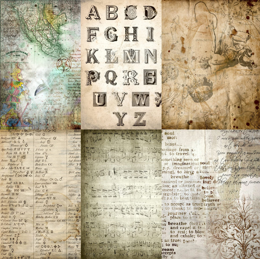 Antique Background Mulberry Rice Paper, 20.5 x 26.5cm - 6 x Different Printed Mulberry Paper Images 30gsm Visible Fibres for Decoupage Crafts Mixed Media Collage Art