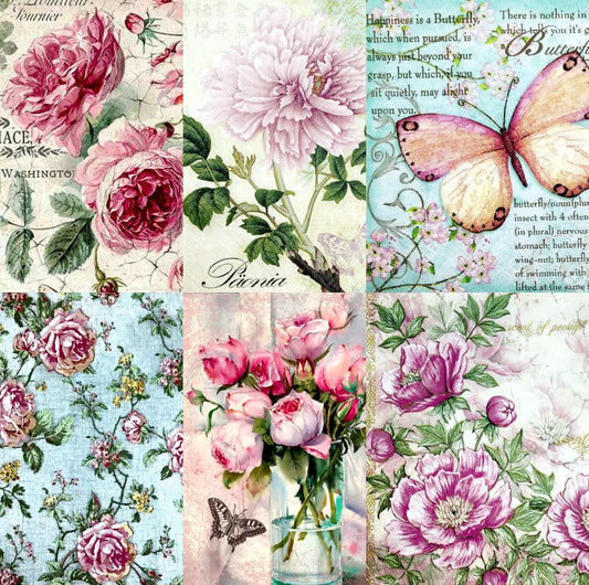 Vintage Flower Theme Mulberry Rice Paper, 20.5 x 26.5cm - 6 x Different Printed Mulberry Paper Images 30gsm Visible Fibres for Decoupage Crafts Mixed Media Collage Art
