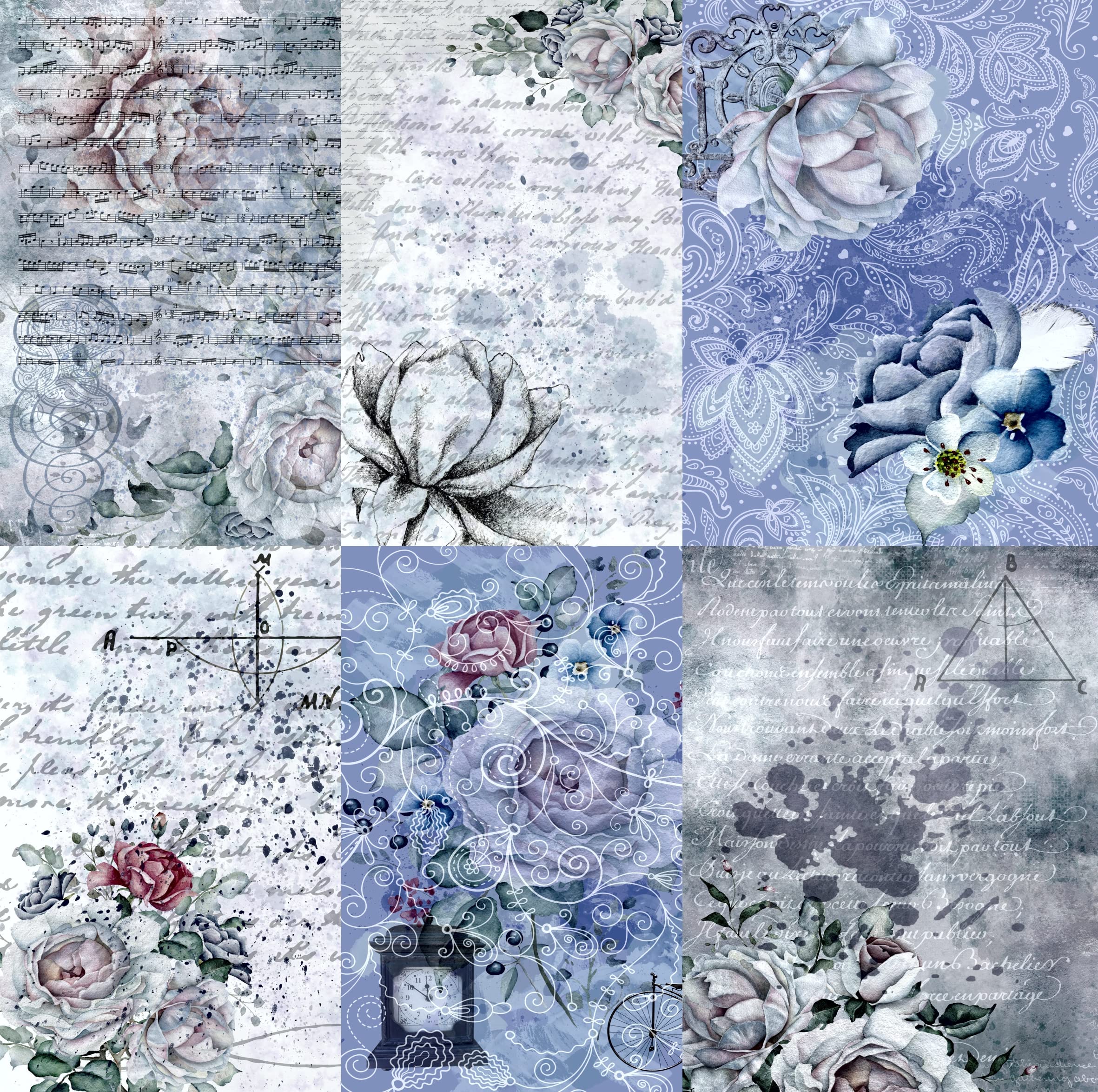 Blue Background Mulberry Rice Paper, 20.5 x 26.5cm - 6 x Different Printed Mulberry Paper Images 30gsm Visible Fibres for Decoupage Crafts Mixed Media Collage Art