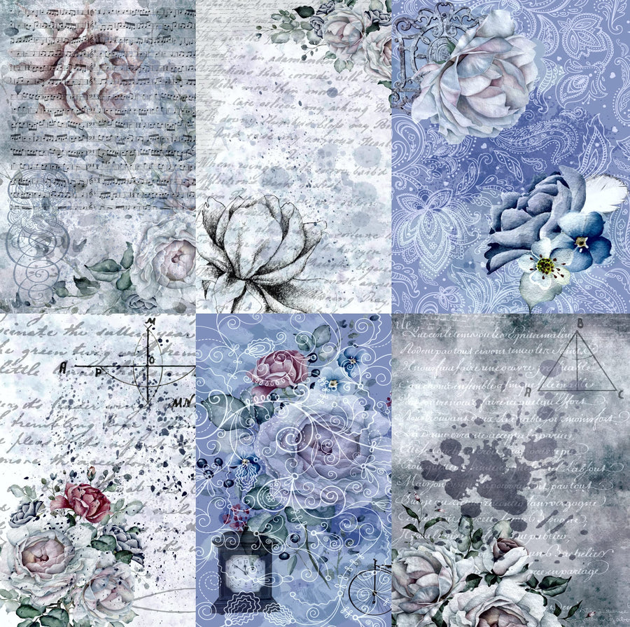 Blue Background Mulberry Rice Paper, 20.5 x 26.5cm - 6 x Different Printed Mulberry Paper Images 30gsm Visible Fibres for Decoupage Crafts Mixed Media Collage Art