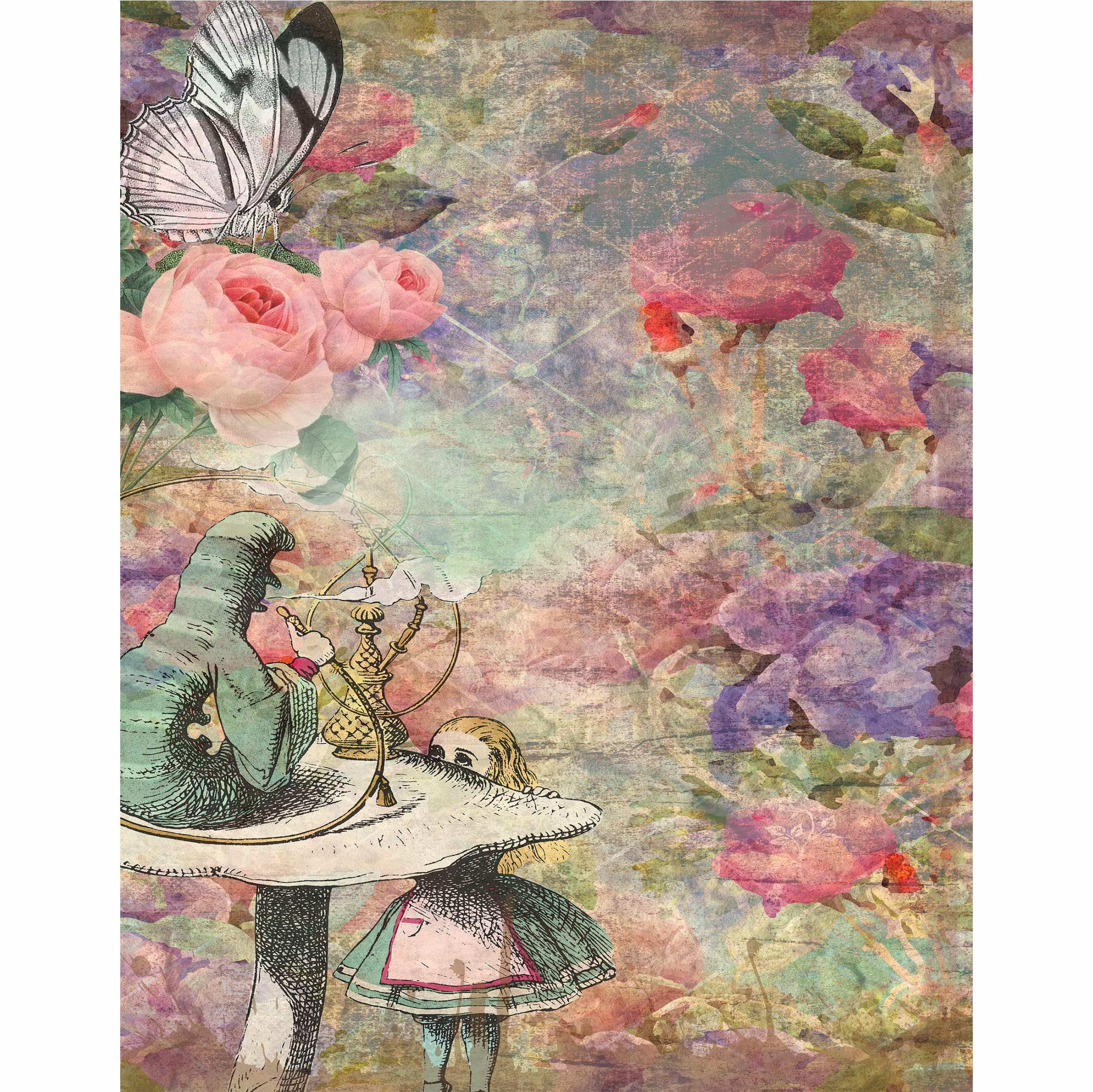 Alice Theme Mulberry Rice Paper, 20.5 x 26.5cm - 6 x Different Printed Mulberry Paper Images 30gsm Visible Fibres for Decoupage Crafts Mixed Media Collage Art