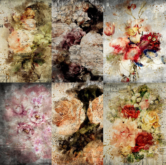 Distressed Bouquet Rice Paper, 20.32 x 26.67 cm - 6 x Different Printed Mulberry Paper Images 30gsm Visible Fibres for Decoupage Crafts Mixed Media Collage Art
