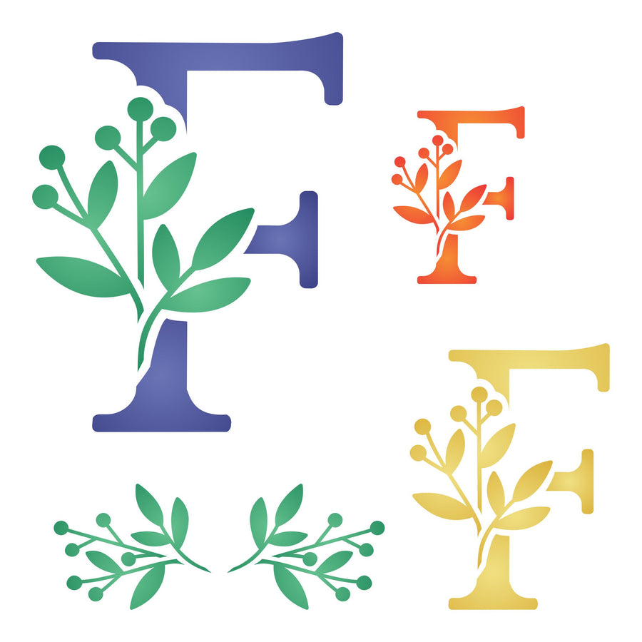 Flower Monogram F Stencil - Leaf Flower Initial 4.5 / 3 / 2 inch on One Sheet