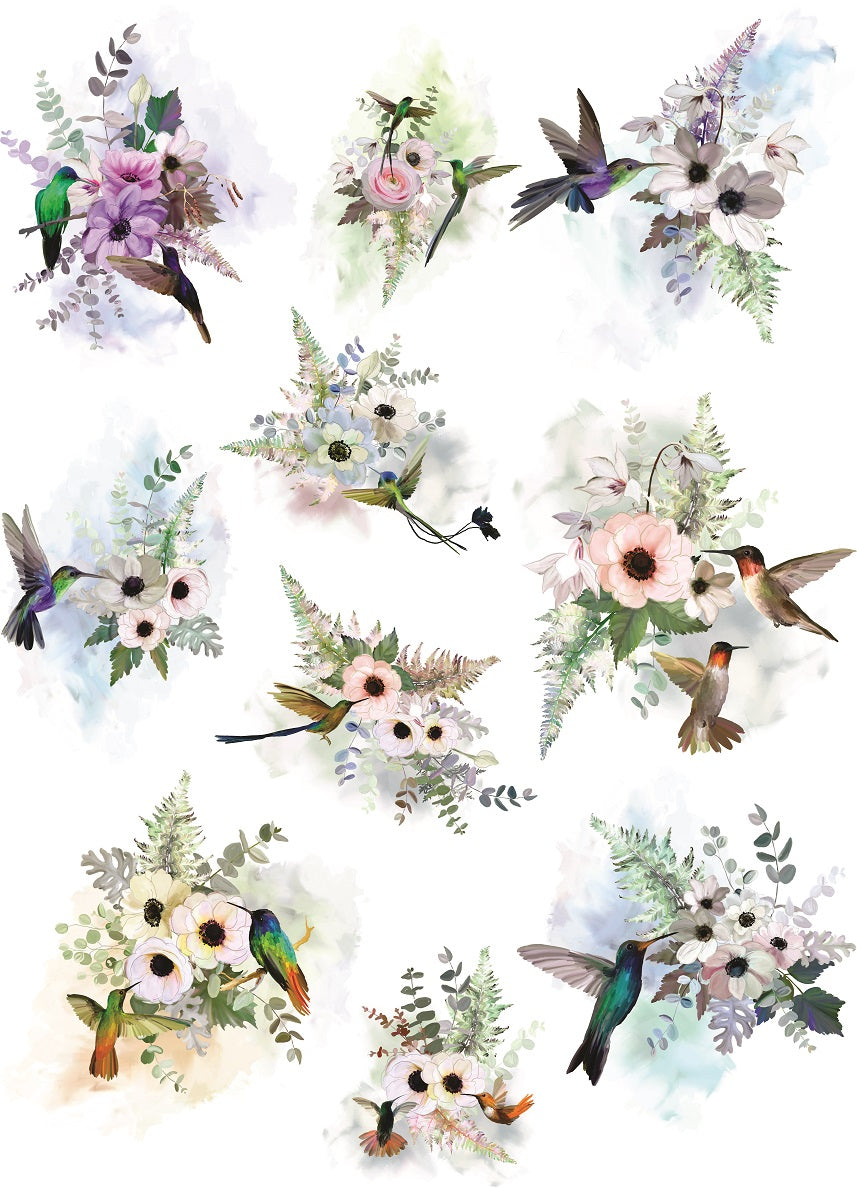 Hummingbird Rice Paper- 10 Unique Bouquet Images Printed on 36gsm