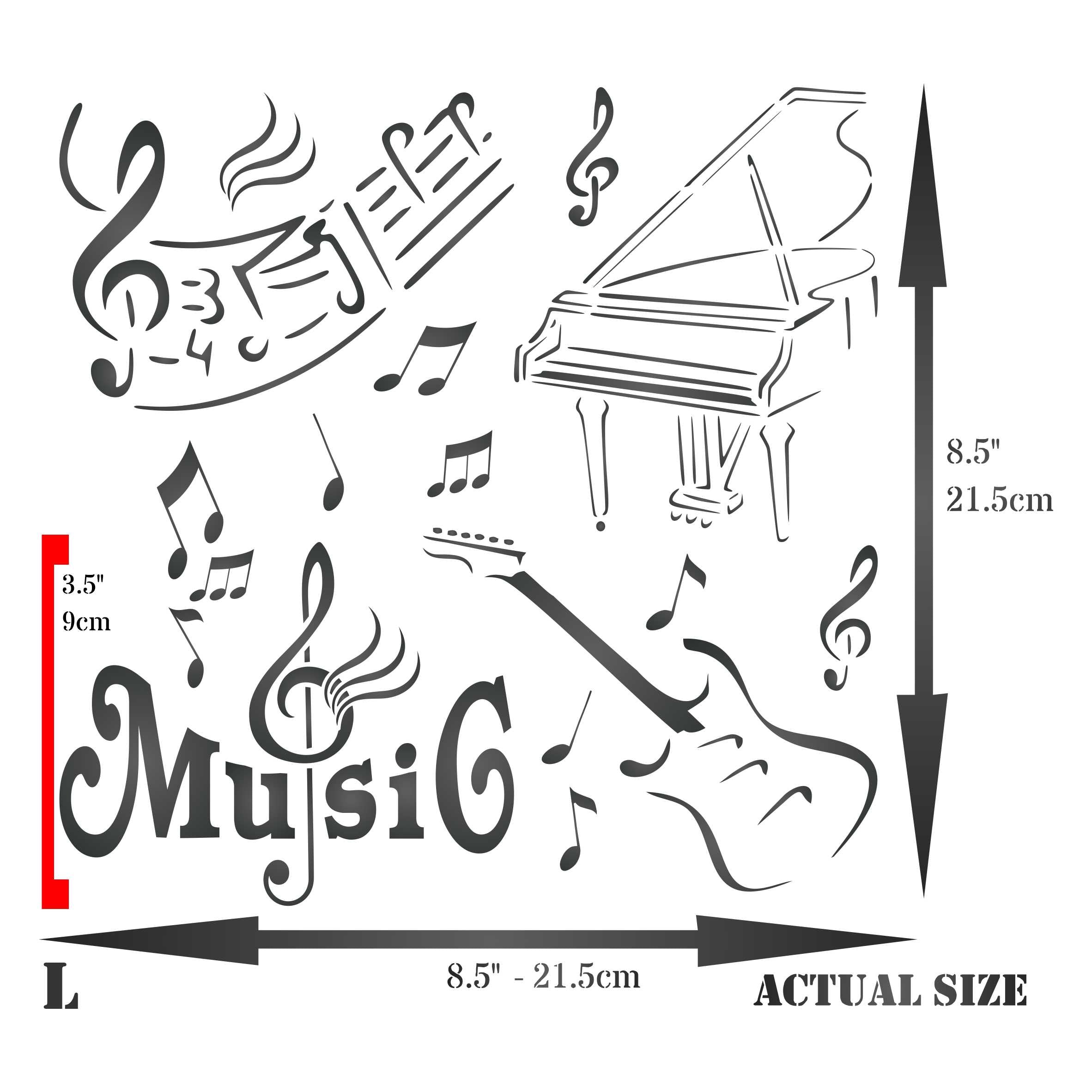 Music Stencil - Mixed Media Piano Guitar Words Musical Notes