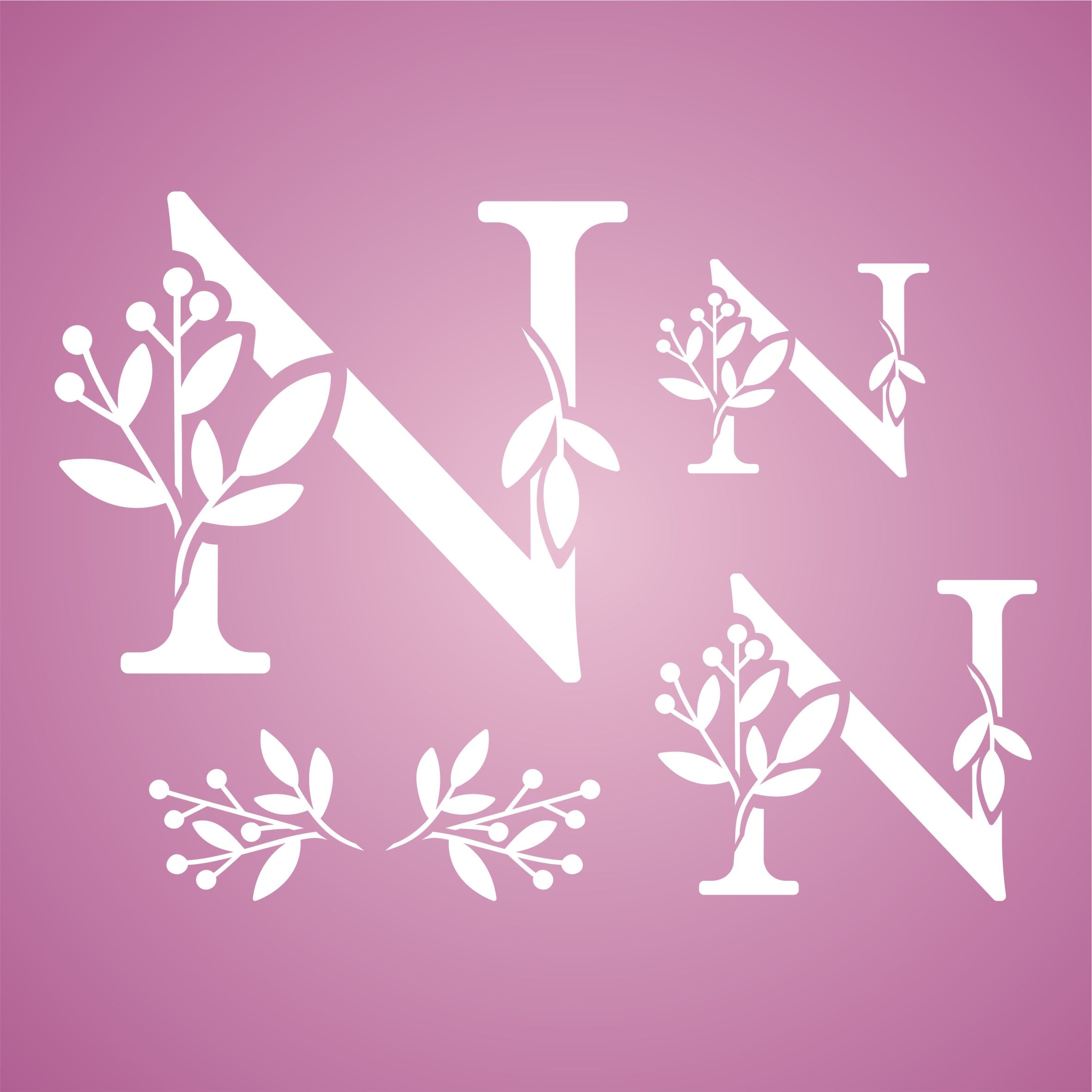 Flower Monogram N Stencil - Leaf Flower Initial 4.5 / 3 / 2 inch on One Sheet