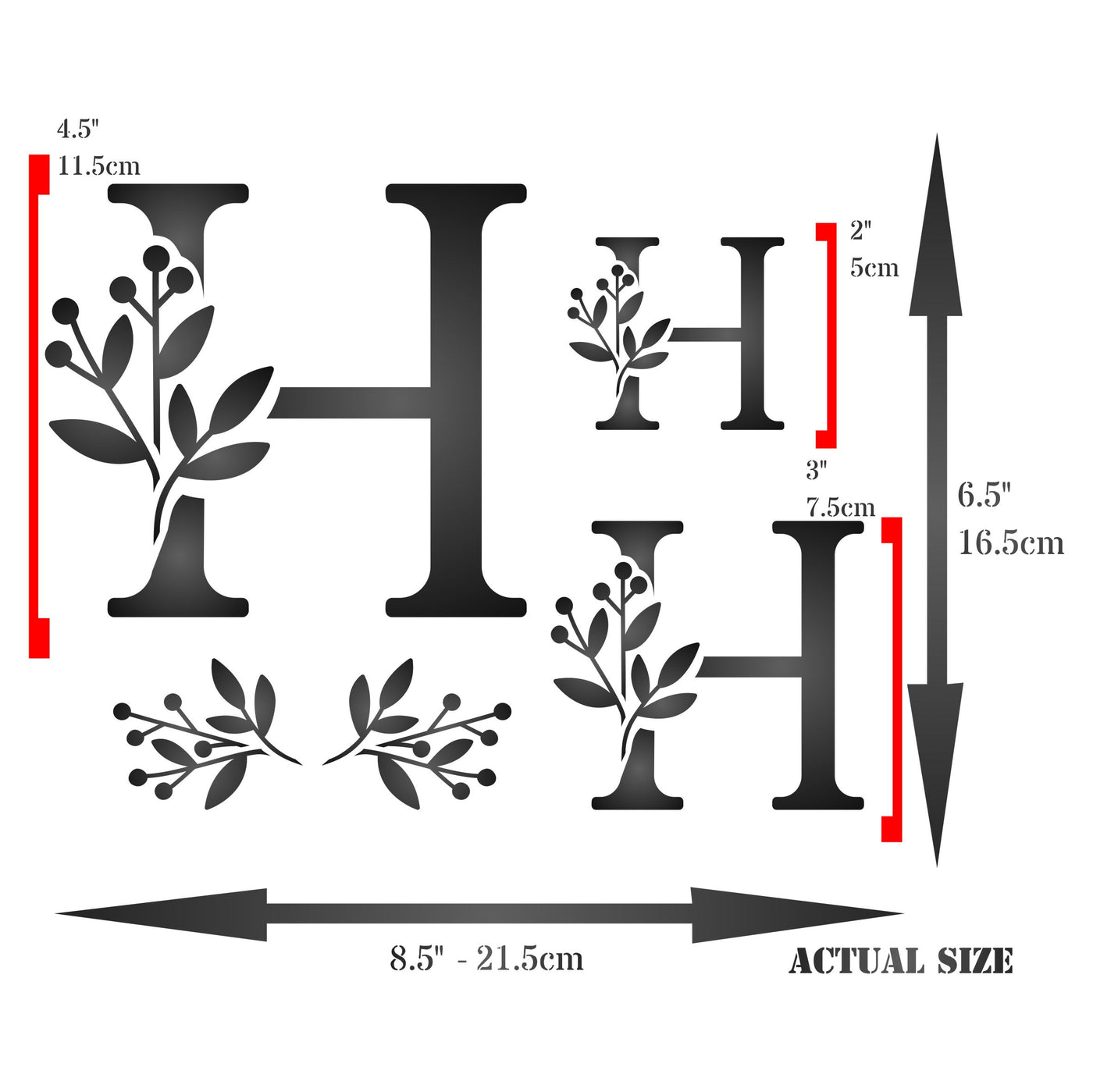 Flower Monogram H Stencil - Leaf Flower Initial 4.5 / 3 / 2 inch on One Sheet