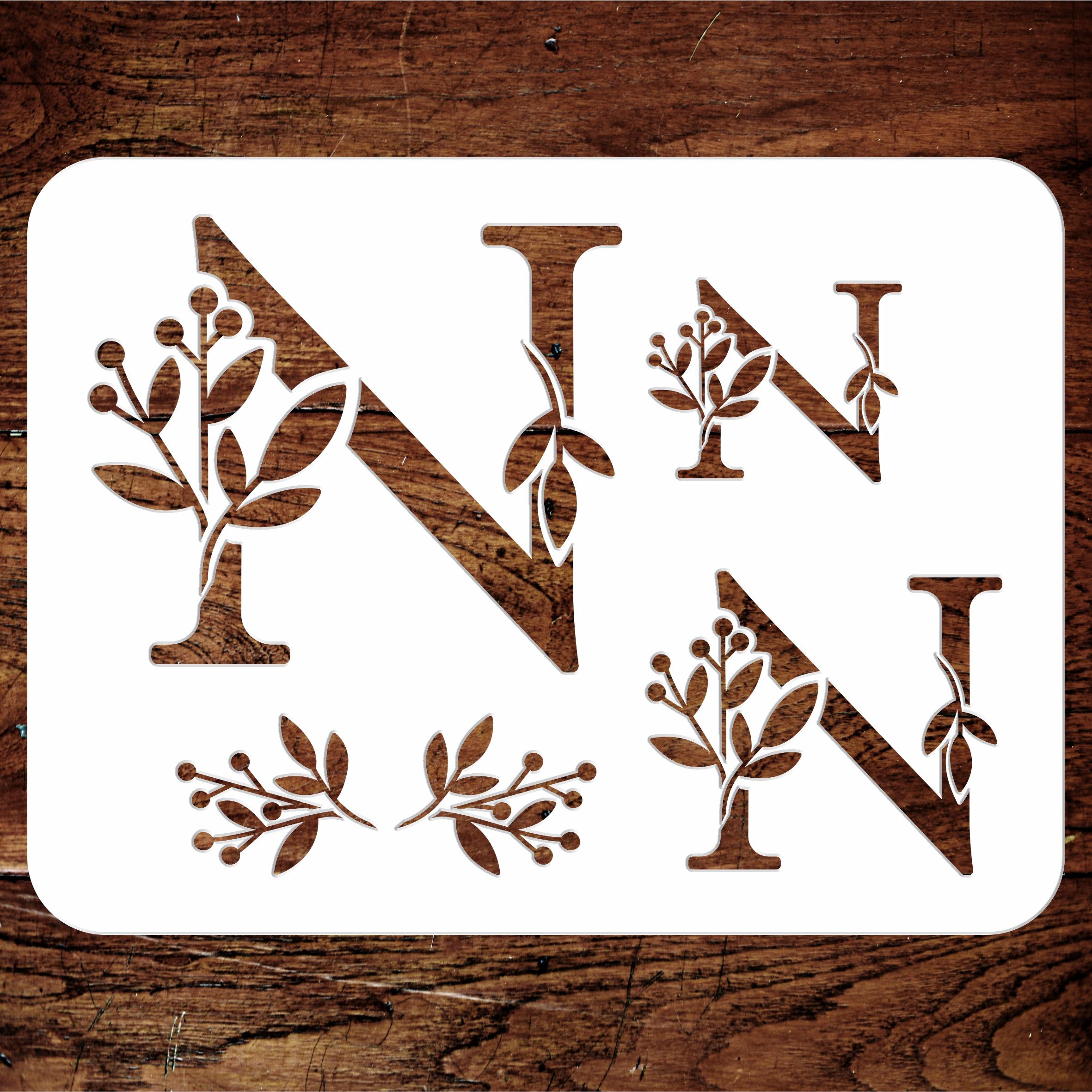 Flower Monogram N Stencil - Leaf Flower Initial 4.5 / 3 / 2 inch on One Sheet