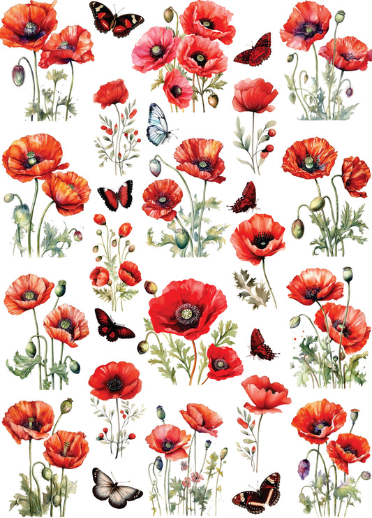 Poppy Flowers Mulberry Rice Paper, 29.21 x 36.83 cm - for Decoupage Cards Crafts