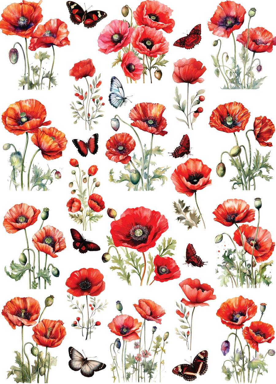 Poppy Flowers Mulberry Rice Paper, 11.5 x 14.5 inch - for Decoupage Cards Crafts