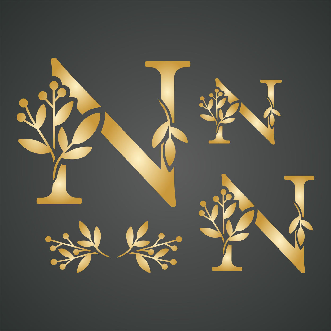 Flower Monogram N Stencil - Leaf Flower Initial 4.5 / 3 / 2 inch on One Sheet