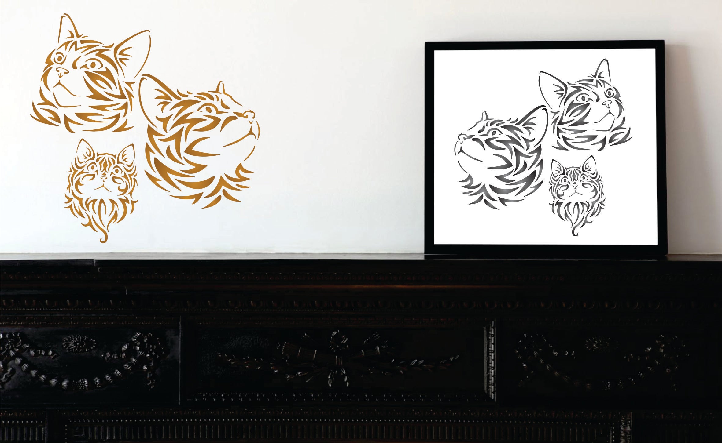 Cat Family Stencil - Pet Animal Kitten Feline Heads Mural