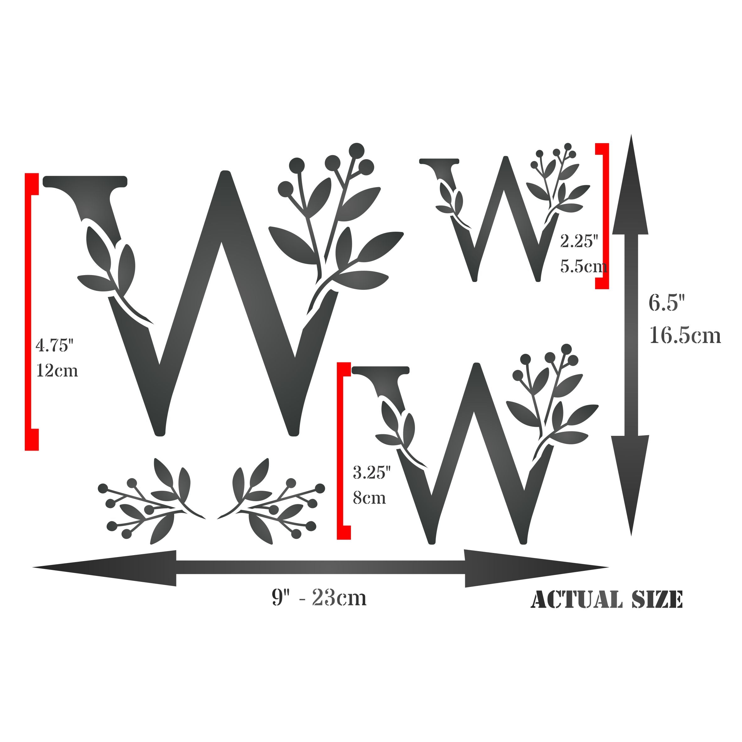 Flower Monogram W Stencil - Leaf Flower Initial 4.5 / 3 / 2 inch on One Sheet