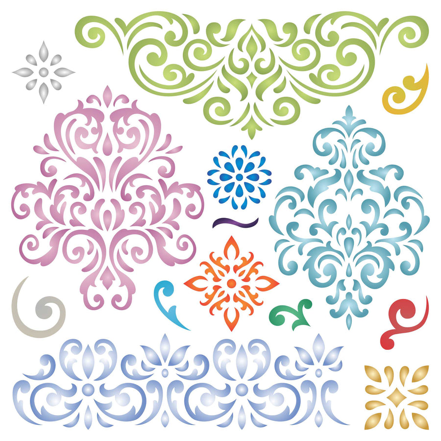 Damask Patterns Stencil - Vintage Flourish Scroll Element Damask Graphic