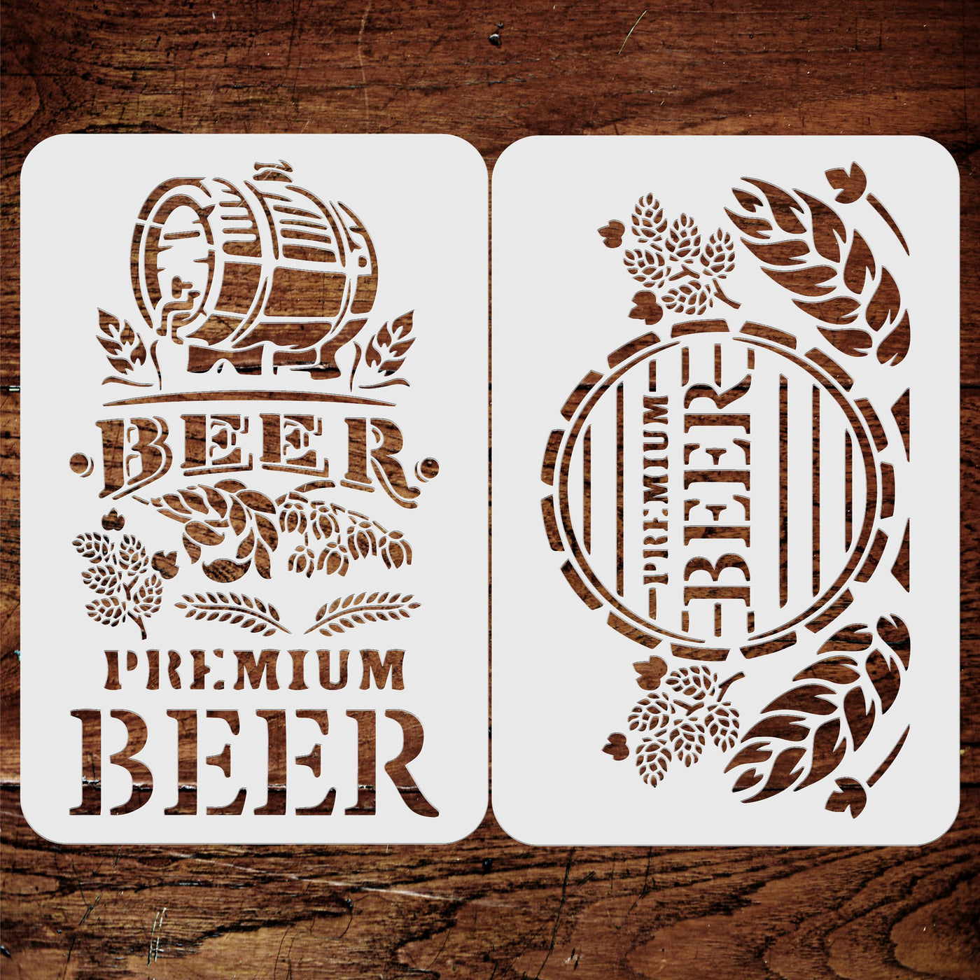 Beer Stencil (2pc) - Sign Pub Bar Beer Barrel Words Hops Grain